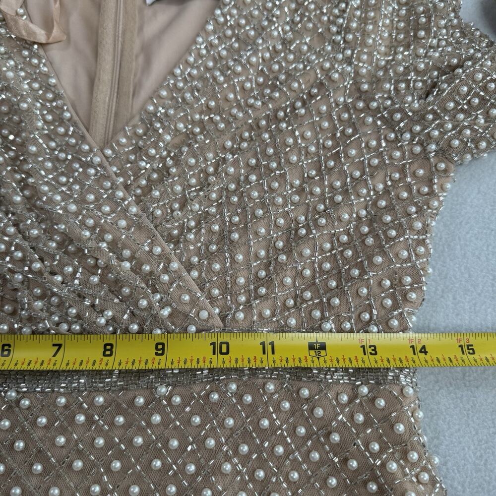 Mac Duggal 10062 Beige Size 4 Wrap Over Pearl Gown Beaded Bishop Sleeves NWT - Picture 9 of 16